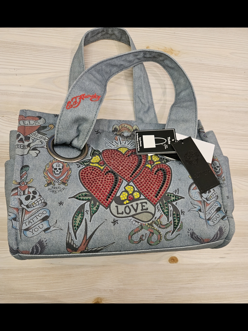 Ed Hardy Denim Heart Patch Tote Bag - Light Blue